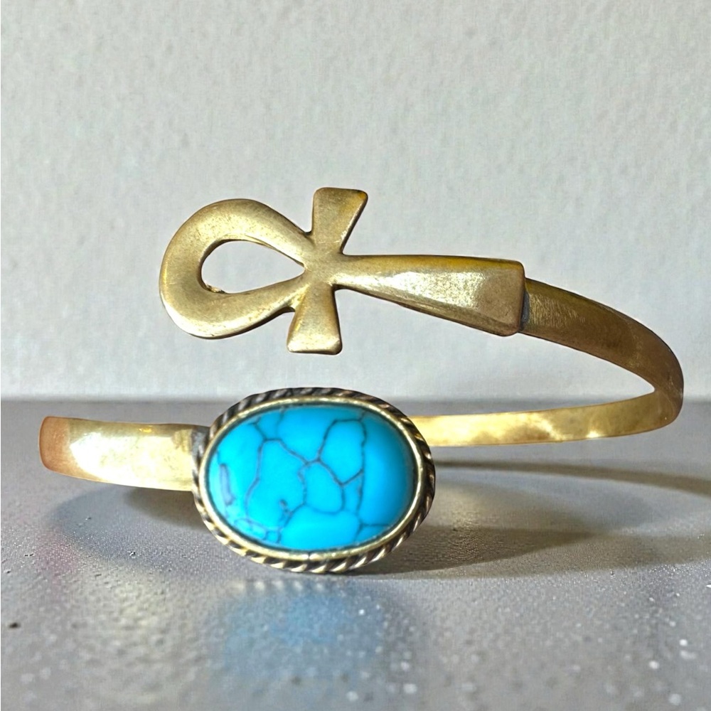 Egyptian Ankh and Turquoise Handmade Copper Cuff Bracelet.